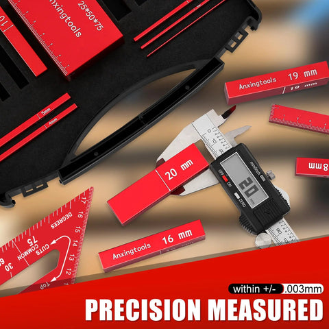 Pro Grade Precision Aluminum Setup Blocks Height Gauge Set, 15 piece with gauge block set and triangle ruler, tools displayed