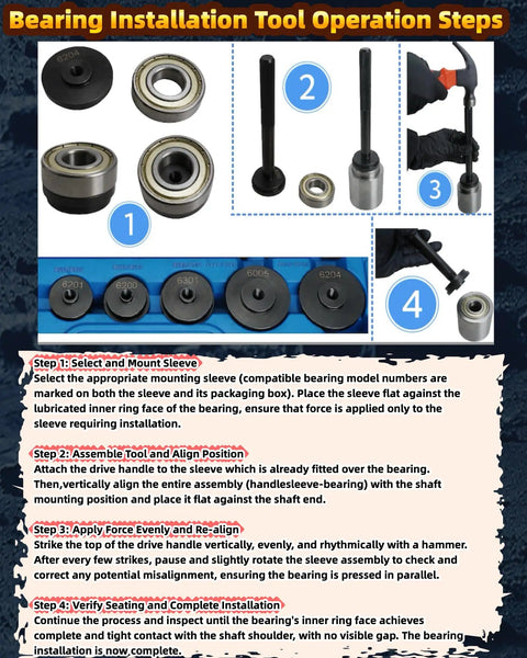 Pro Grade Bicycle Bearing Puller Kit With Two Jawed Extractor And Bearing Press instructions and tools layout