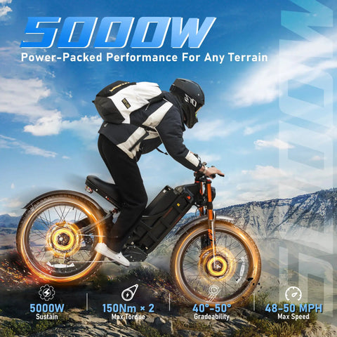Next Level Heavy Duty Electric Bike For Adults With 6000W Dual Motor And 60V 80Ah Long Range Battery riding on rocky terrain.