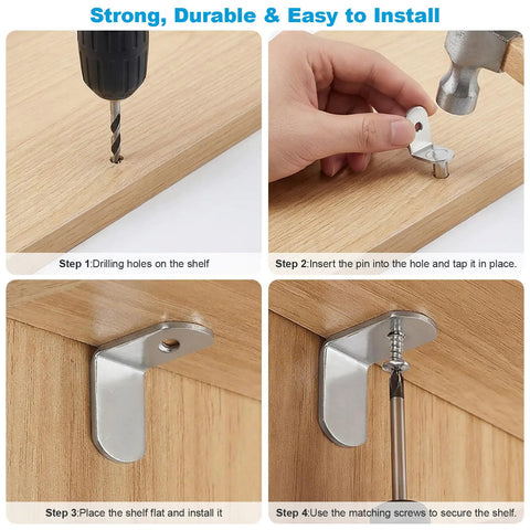 Installation steps for Heavy Duty Nickel Plated Shelf Pegs Pins Kit 80 Piece Set with drill and metal brackets for cabinets.