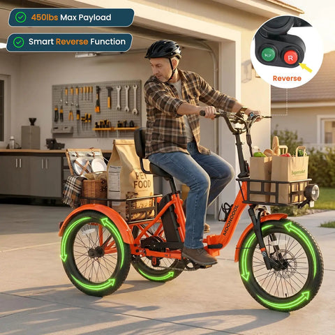 Folding Electric Trike For Adults TK2 20 Inch With 500W Rear Motor Stable Ride Smart Reverse And Smooth Cornering For Easy City Cruisin And Daily Errands, orange trike with rear cargo racks