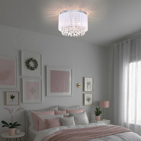 White Cotton Thread Drum Crystal Flush Mount Chandelier 3 Light Ceiling Light Fixture for Bedroom Living Room Foyer Nursery
