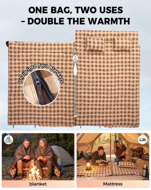 Two Person Queen Size XXL Flannel Sleeping Bag With Cotton Liner And Two Pillows, unzipped into two separate blankets.