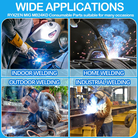Wide applications of MB24KD MIG Welder Accessory Kit in various welding scenarios: indoor, outdoor, home, and industrial.