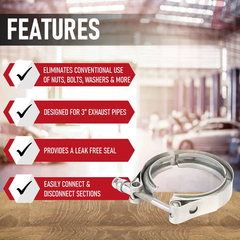 Stainless Exhaust V Band Clamp Set Of 3 For 3 Inch Turbo Systems with features list in background