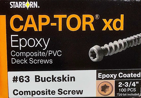 Heavy Duty Reverse Thread Capstock Deck Screws With Slick Epoxy Coating In Reliable Buckskin Tone For Composite And PvC Decks shown in packaging.