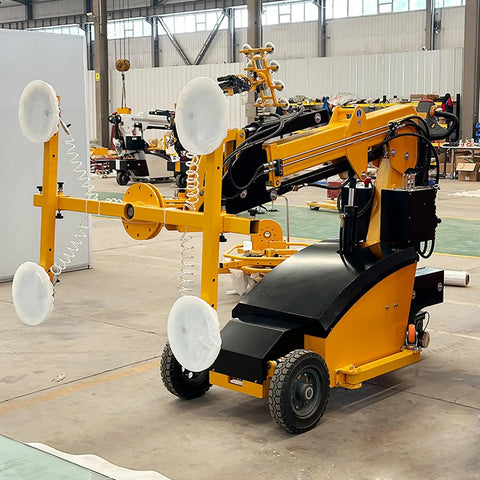 Heavy Duty Mobile Glass Vacuum Lifter Built Like A Tank For Smooth Hydraulic Operation Effortlessly Handles Sheet Glass Granite And Marble On Demanding Commercial Job Sites showing front and side view in a workshop.