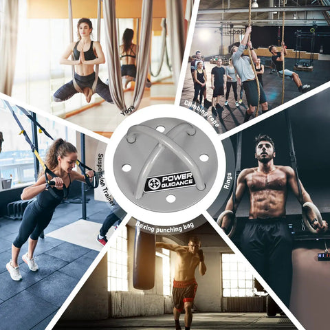 Built Like A Tank Wall And Ceiling Mount Bracket For Suspension Straps Gymnastic Rings Yoga Swing Hammock Resistance Bands Battle Ropes Tough Outdoor Indoor Hardware with diverse fitness activities.