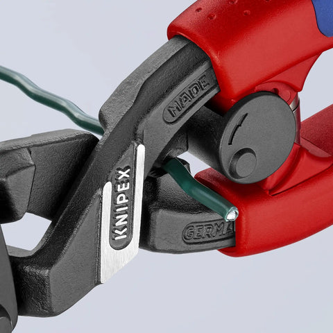 Comfort Grip Angled High-Leverage Cobalt Cut Diagonal Cut Pliers cutting wire, showing angled head and flush-cut capability.
