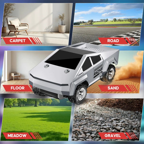 1:24 Scale RC Truck With All Terrain Performance driving on carpet, road, floor, sand, meadow, and gravel.