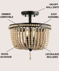 Boho Farmhouse 3 Light LED Semi Flush Mount Ceiling Chandelier With Cream Wood Bead Shade Black And Light Taupe Beaded Fixture 14 Inch Lighting For Nursery Or Bedroom Energy Saving LED Bulbs Included