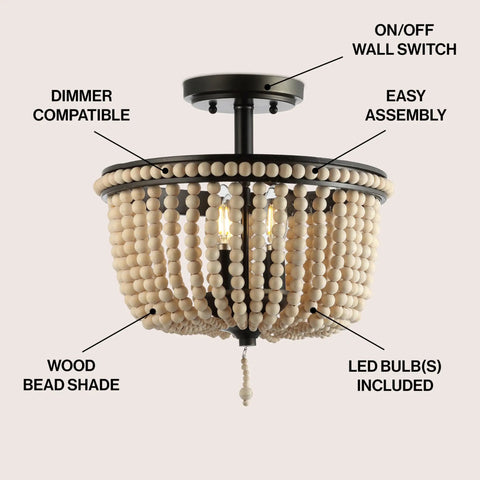 Boho Farmhouse 3 Light LED Semi Flush Mount Ceiling Chandelier With Cream Wood Bead Shade Black And Light Taupe Beaded Fixture 14 Inch Lighting For Nursery Or Bedroom Energy Saving LED Bulbs Included