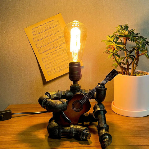 Steampunk Guitar Table Lamp For Music Lovers, Industrial Pipe Edison Bulb Nightstand Light with mini guitar and sheet music
