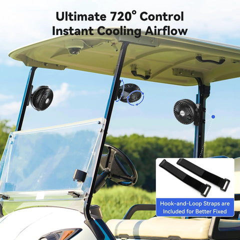 Magnetic Golf Cart Cruise Fan Set With 5000mAh Battery Rechargeable Dual Fans mounted inside a golf cart with hook-and-loop straps.