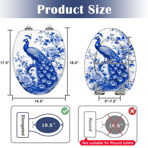 Elongated Chinoiserie Blue Peacock Floral Design Traditional Toilet Seat with dimensions 18.5 x 14.5 inches.