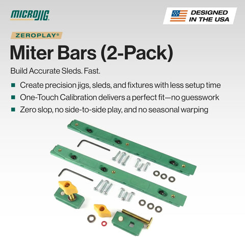 Zeroplay Miter Bar For Table Saw Sleds, Precision One Touch Calibration And No Play Fit, 2 Pack green bars with mounting hardware.