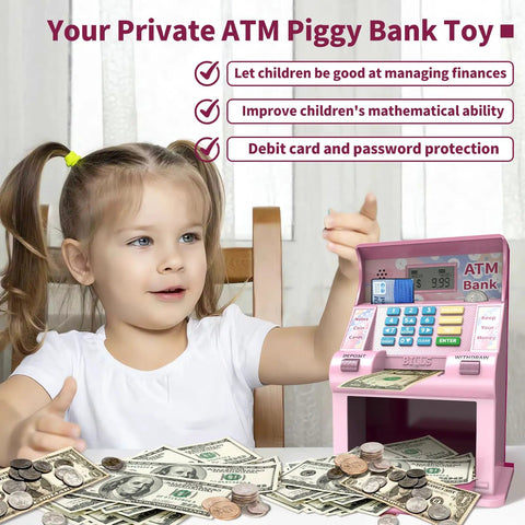 Kid Friendly Debit Card Piggy Bank with 4 Digit PIN Realistic Bank Style For Real Money on Table with Child Using ATM