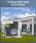 Outdoor view with 12MP PoE Security Camera System image, showing UHD quality and outdoor furniture on a sunny day.