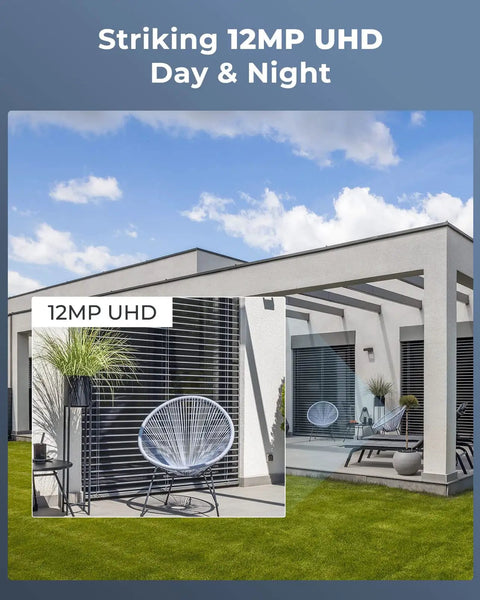 Outdoor view with 12MP PoE Security Camera System image, showing UHD quality and outdoor furniture on a sunny day.