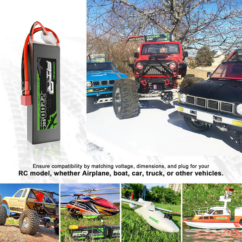 2S LiPo Battery 2200mAh 50C 7.4V with soft case and Dean T connector next to various RC vehicles