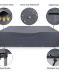 Heavy Duty Waterproof Patio Furniture Cover For Outdoor Tables And Chairs, 110 Inch Long, 84 Inch Wide, 28 Inch High, 500D PU Coated Grey with air vents, padded handle, and adjustable hem cord.
