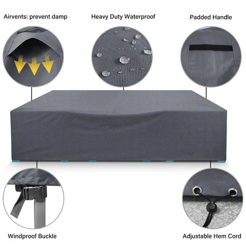 Heavy Duty Waterproof Patio Furniture Cover For Outdoor Tables And Chairs, 110 Inch Long, 84 Inch Wide, 28 Inch High, 500D PU Coated Grey with air vents, padded handle, and adjustable hem cord.