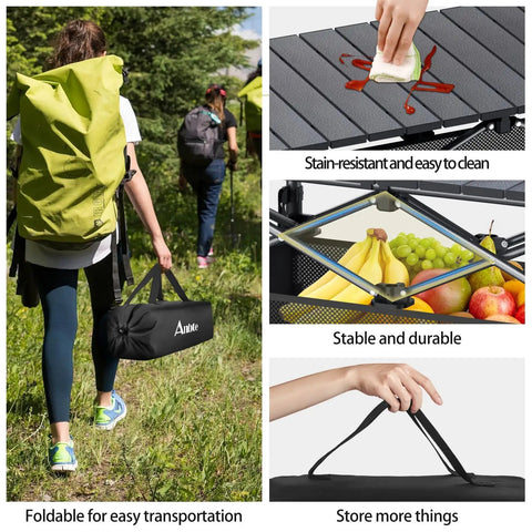 Three Foot Roll Top Aluminum Camping Table With Two Adjustable Heights, Lightweight Fold Up Design with storage net, black.