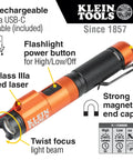 Magnetic LED Flashlight Rechargeable With 350 Lumen High Beam And 125 Lumen Low Twist Focus Red Laser Pointer Hands Free Magnet USB Charging Cable For Work And Outdoor Adventures, side view with labels.