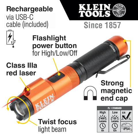 Magnetic LED Flashlight Rechargeable With 350 Lumen High Beam And 125 Lumen Low Twist Focus Red Laser Pointer Hands Free Magnet USB Charging Cable For Work And Outdoor Adventures, side view with labels.