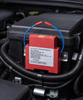 Two Piece Auto Fire Extinguisher Stickers With Heat Sensitive Aerosol Tech That Kick In Under The Hood, mounted on engine compartment component.