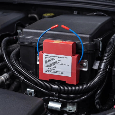 Two Piece Auto Fire Extinguisher Stickers With Heat Sensitive Aerosol Tech That Kick In Under The Hood, mounted on engine compartment component.