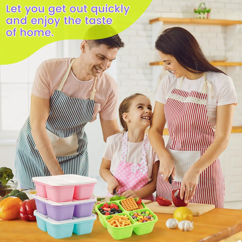 Family using 4 Pack Snack Containers And Bento Box For Meal Prep Reusable BPA Free Wheat Straw with 4 Compartments