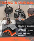 Multipurpose Portable Hanging Rack For Hockey Gear And Sports Gear Hanger With Six Adjustable Hooks installed with gloves, helmet, cleats.