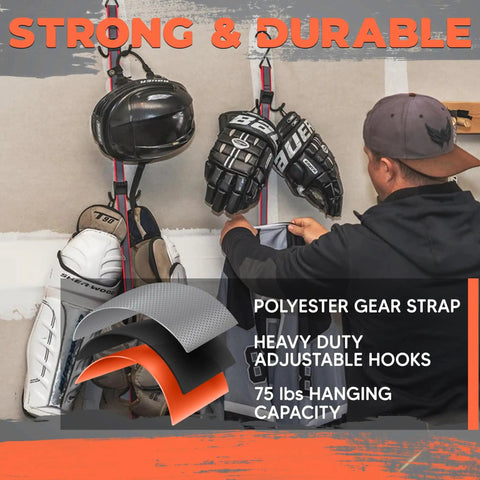 Multipurpose Portable Hanging Rack For Hockey Gear And Sports Gear Hanger With Six Adjustable Hooks installed with gloves, helmet, cleats.