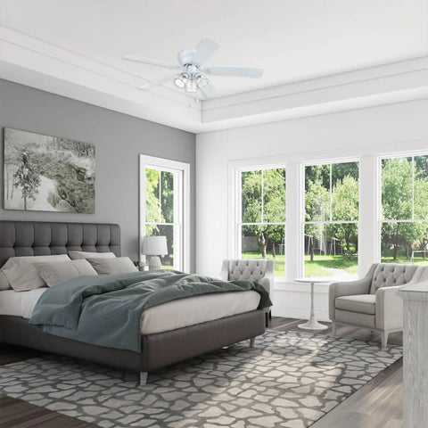 52 Inch White Indoor Ceiling Fan With Three Light LED Bulbs And Pull Chains, Traditional Style With Quiet Reversible Motor