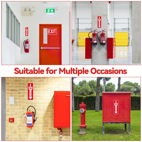 Installed Four Pack Fire Extinguisher Signs, Self Adhesive Aluminum Safety Signs For Business, 12x4 Inches, Weather Resistant, Red