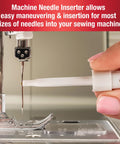 Close-up of a needle inserter being used on a sewing machine from the 7 Piece Sewing Machine Maintenance Tool Kit With Needle Inserter, Angled Lint Brush, Threader And 3 Screwdrivers, Universal Compatibility, Handy Storage Pouch, Quick Home Sewing Repairs For Any Project.