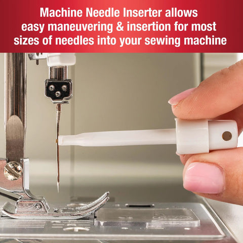 Close-up of a needle inserter being used on a sewing machine from the 7 Piece Sewing Machine Maintenance Tool Kit With Needle Inserter, Angled Lint Brush, Threader And 3 Screwdrivers, Universal Compatibility, Handy Storage Pouch, Quick Home Sewing Repairs For Any Project.