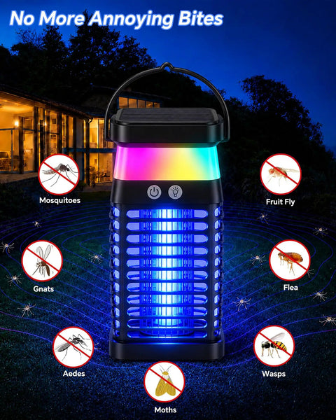 Solar Powered 3 In 1 Mosquito Zapper With Flickering Flame And RGB Light Totally Cordless Waterproof Bug Repellent for outdoor use