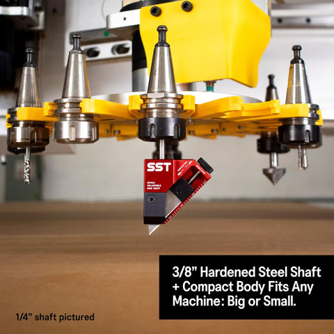 Beefy Drag Knife With 3 By 8 Inch Hardened Steel Shaft, Adjustable Blade Length 2-15 Mm in a CNC Machine Tool Holder.