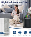 Woman with phone, cat playing, air purifier, and 6 Pack HRF-R3 HEPA Replacement Filter For HPA300 HPA200 HPA100 displayed
