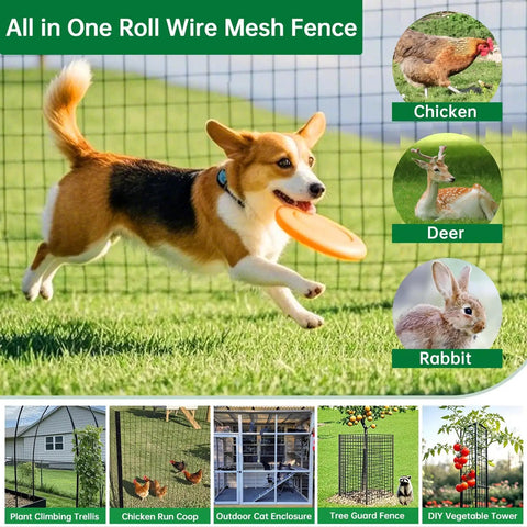 Heavy Duty PVC Coated Hardware Cloth Mesh 1x1 Inch 36 Inch By 50 Feet Welded Wire Fence Roll with dog playing and animal icons.