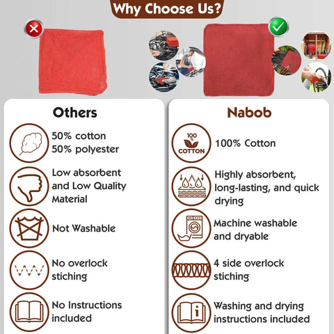 Comparison chart highlighting Lint Free 14x14 Shop Towels 25 Pack 100% Cotton Commercial Grade Red Rags For Auto Mechanics.
