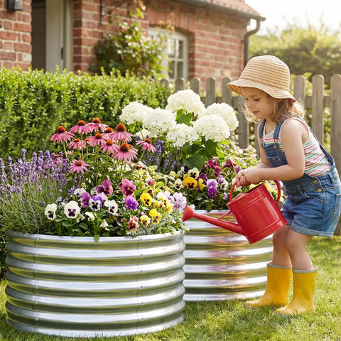 Child watering plants in Two Pack Round Galvanized Steel Raised Garden Beds 2x2x1.5 Ft Outdoor Planter Boxes For Vegetables And Flowers