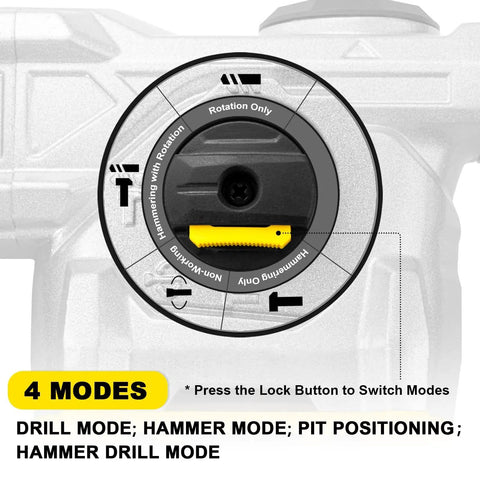 Close-up of 4-function mode selector on SDS Plus Rotary Hammer Drill 1500W Workhorse With 6 Joules Impact, Heavy Duty Demolition Tool