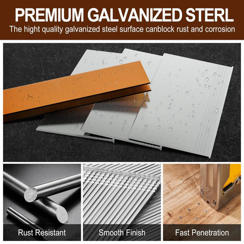 Premium galvanized materials from 800 Count 18 Gauge Brad Nails and Staples Combo Kit, emphasizing rust resistance.