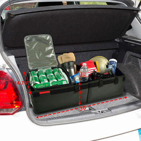 Heavy Duty Trunk Organizer With 28 Can Capacity Leak Proof Cooler in car trunk, rigid base, adjustable dividers, 30x15 inches