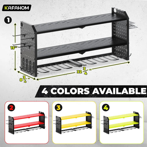 Heavy Duty Metal Power Tool Organizer Wall Mount With Eight Drill Holders, Twelve Hooks, Battery Shelves shown in four colors