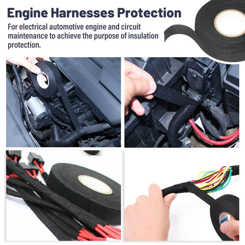 High Temp Wiring Harness Tape For Auto Interiors And Engine Bays Self Adhesive Fabric Cable Loom Wrap Built To Cut Noise And Protect Dash Harnesses Durable Three Quarter Inch By Fifty Feet Five Roll Pack shown in automotive use and close-up.