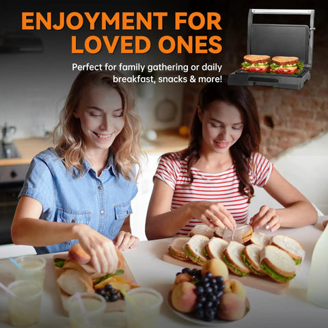 Two women preparing sandwiches with the Bakers Friend Mini Panini Press Electric Griddle Non Stick Surface for a meal.